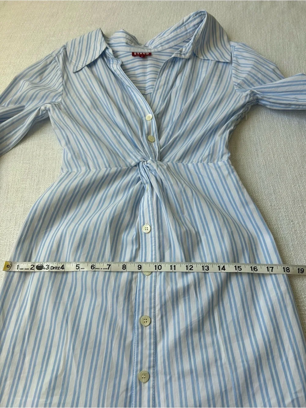 Staud Clea Twisted-Waist Midi Shirtdress Size 6 Blue White Striped Cotton zip - Picture 11 of 16